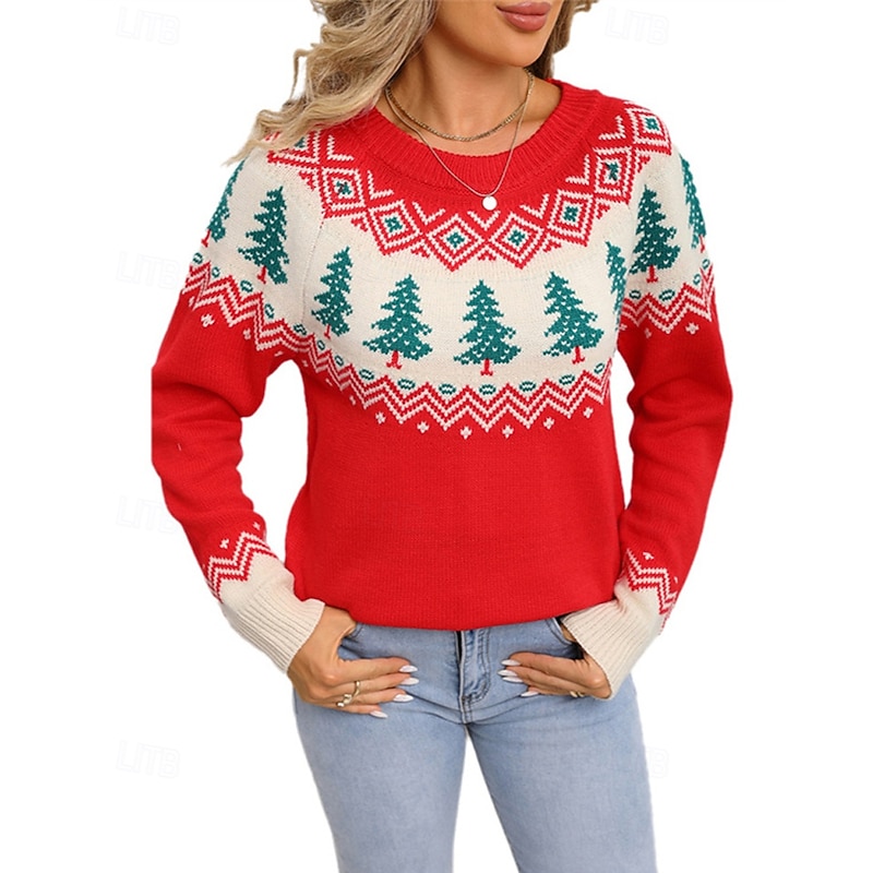 Women's Christmas Sweater Fair Isle Sweater Pullover Fashion Casual Christmas Tree Ribbed Crew Neck Knitted Print Long Sleeve Regular Tops Knit Christmas Outdoor Daily Red Fall Winter