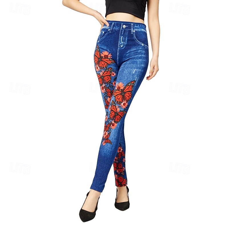 Women's Jeans Chinos Vintage Streetwear Casual Ankle-Length Medium Waist Floral Pocket Elastic Waist Printing Comfortable Stretchy Outdoor Vacation Street Blue Spring Fall Regular Fit3