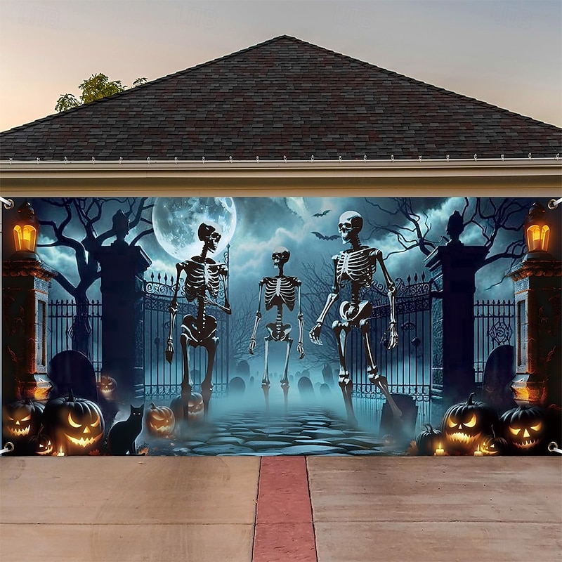 Halloween Garage Door Cover Large Hanging Backdrop Skeleton 3D Dark Punk Gothic Style Party Outdoor Shooting Backgrounds Yard Haunted House Home Decor