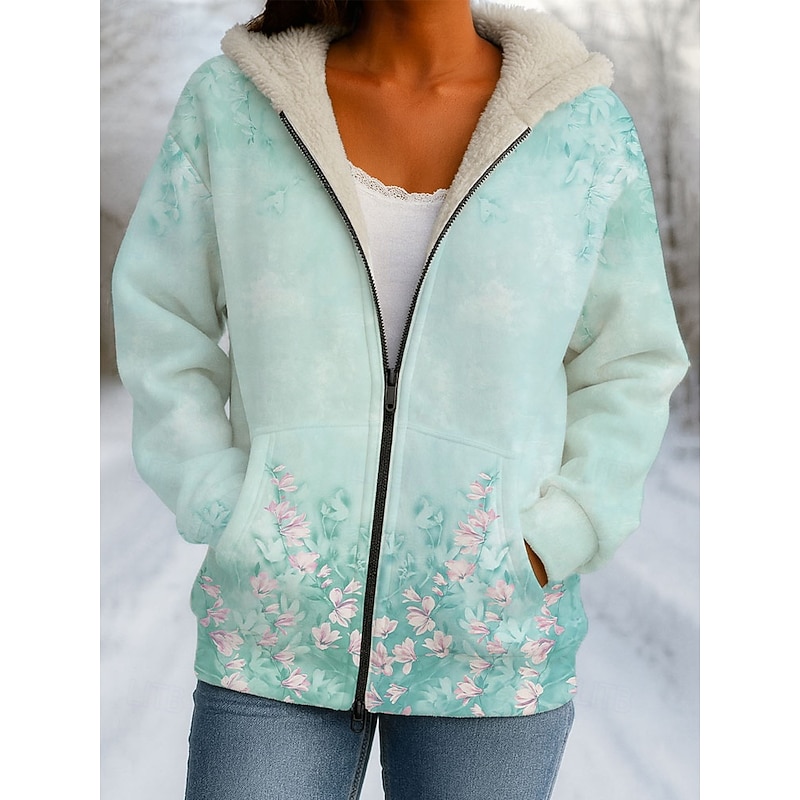 Women's Winter Coat Winter Jacket Windproof Warm Zipper Pocket Fleece Lined Casual Floral Casual Athleisure Daily Daily Wear Regular Hooded Regular Fit Long Sleeve Outerwear Light Green Pink Blue2