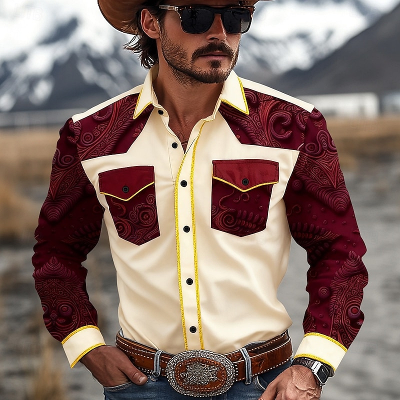 Men's Paisley Floral Print Ethnic Shirt Western Shirt Cowboy Shirt Long Sleeve Vintage Retro Outdoor Daily WorkWear Fall & Winter Turndown 3D Print Front Two Pockets Button Up Shirts Light Pink Light