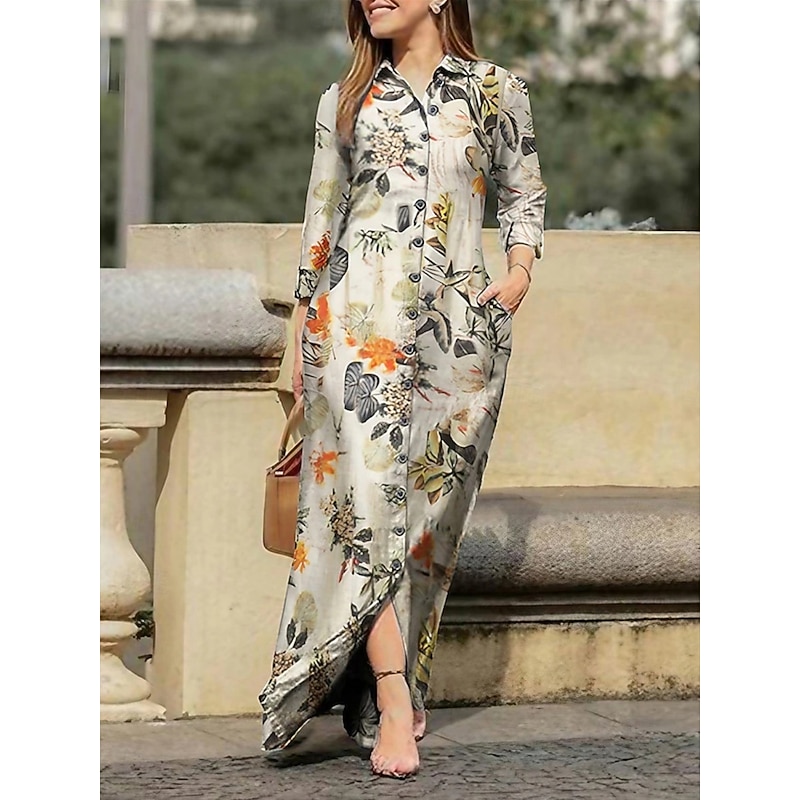 Women's Maxi Dress A Line Dress Casual Daily Regular Fit Floral Long Sleeve Lapel White Pink Navy Blue Blue Spring Fall4