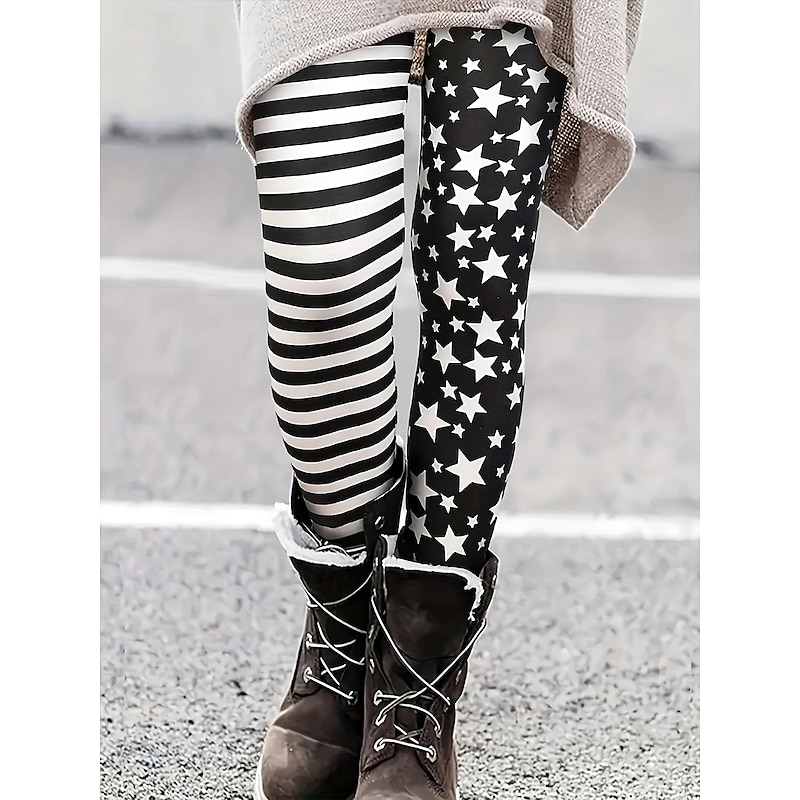 Women's Slacks Leggings Cozy Leggings Vacation Vintage Streetwear Full Length Natural Graphic Star Striped Elastic Waist Print Comfy Outdoor Comfortable Stretchy Outdoor Vacation Streetwear Black