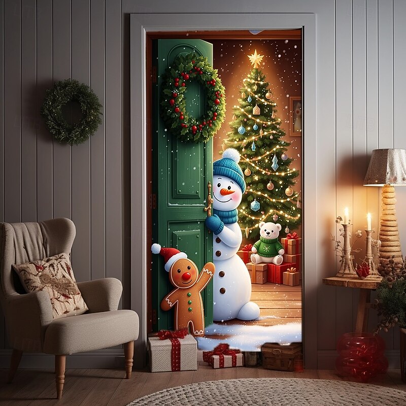 Christmas Door Cover Winter Holiday Decoration Drapes with Snowman Opening Door and Christmas Tree Print for Home Entryway Living Room Bedroom Indoor Outdoor Festive Seasonal Home Decor4