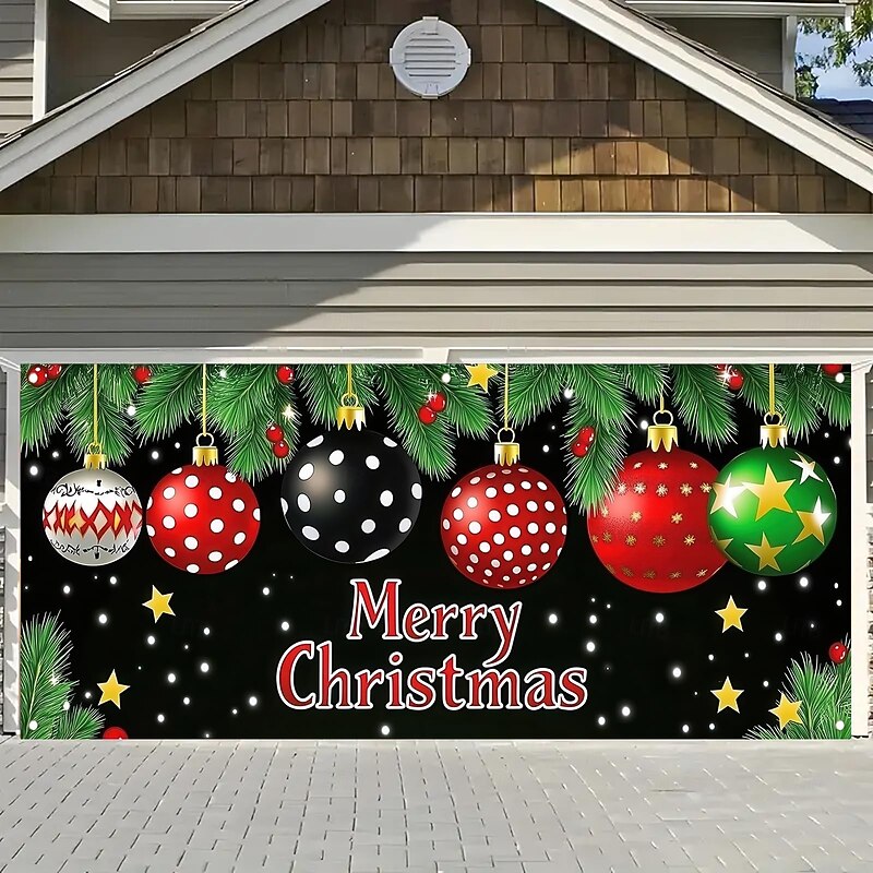 Christmas Outdoor Garage Door Cover Merry Christmas Ornament Balls Large Tapestry Backdrop Holiday Party Wall Decoration For Outdoor Garage Door Home Christmas Festival Celebration Decor