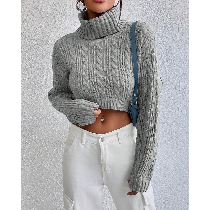 Women's Sweater Fashion Casual Pure Color Ribbed Turtleneck Knitted Long Sleeve Crop Tops Knit Outdoor Daily Weekend Gray Fall Winter4