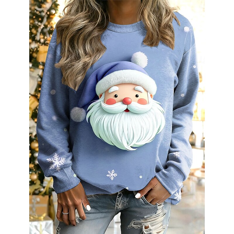 Women's Pullover Graphic Santa Claus Warm Classic Casual Long Sleeve Crew Neck Regular Tops Home Street Dailywear Print Pink Blue Purple Green Fall Winter3