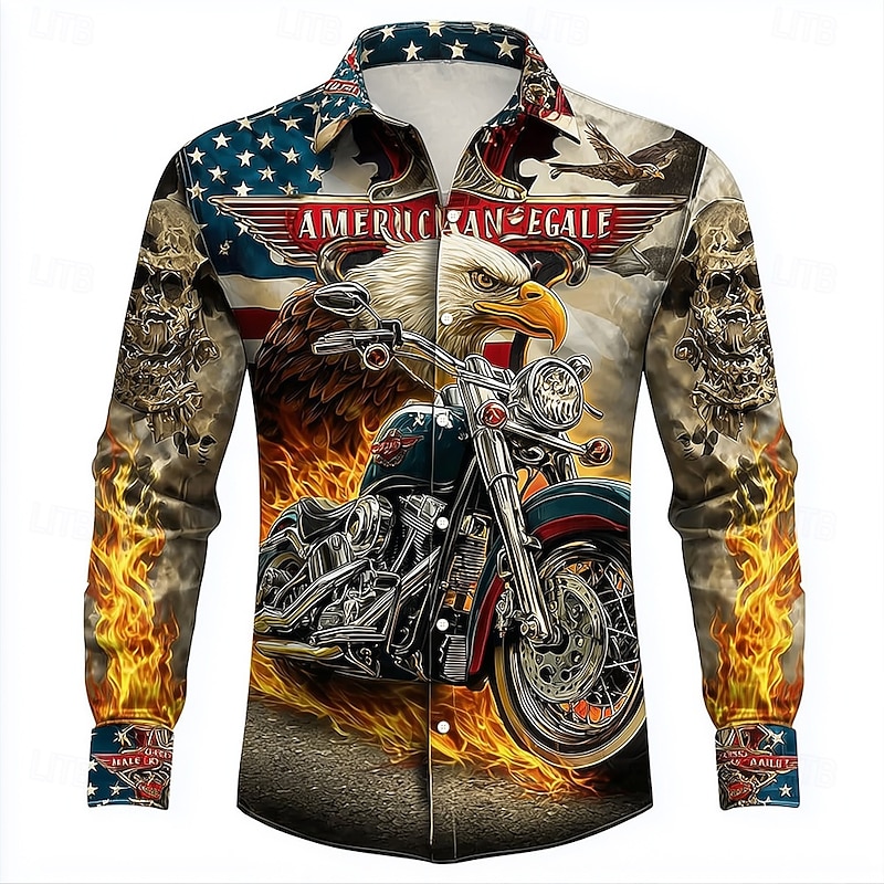 Men's Hellfire Flames American US Flag Eagle Shirt Button Up Shirt Long Sleeve Vintage Retro Outdoor Casual Holiday Spring Fall Turndown 3D Print Collared Shirts Khaki Beige2
