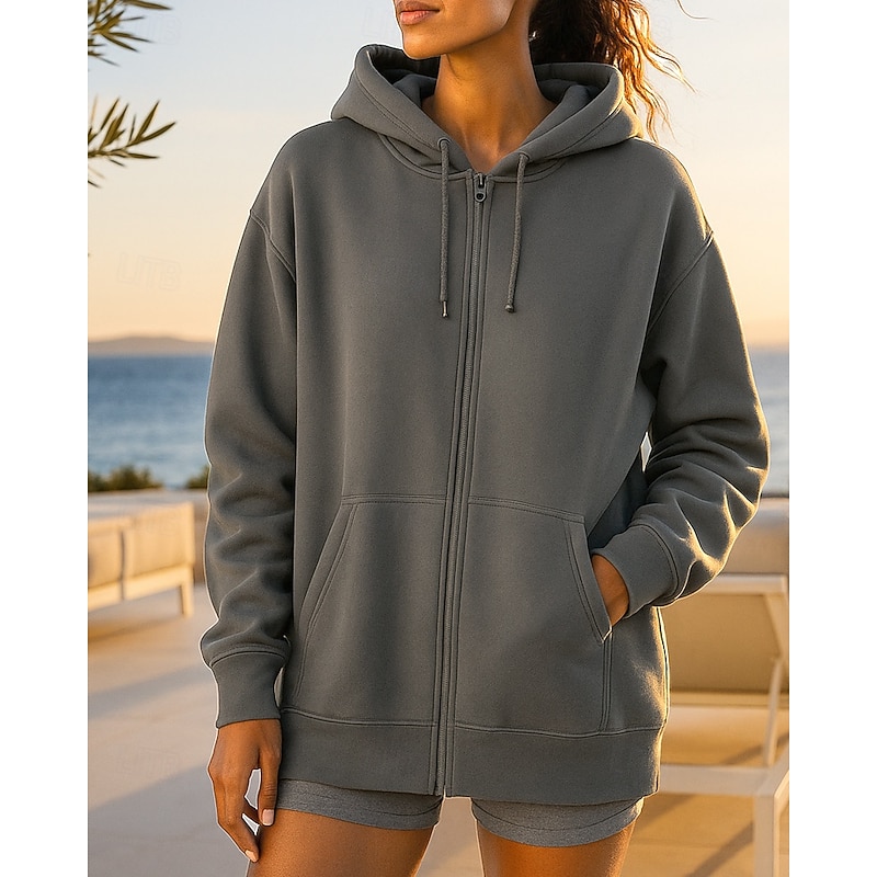 Women's Hoodie Sweatshirt Lounge Zip Up Coat with Pockets Long Sleeve Top Athleisure Fall Solid Colored Outdoor Travel Vacation Sportswear Activewear Wine Red Black White3