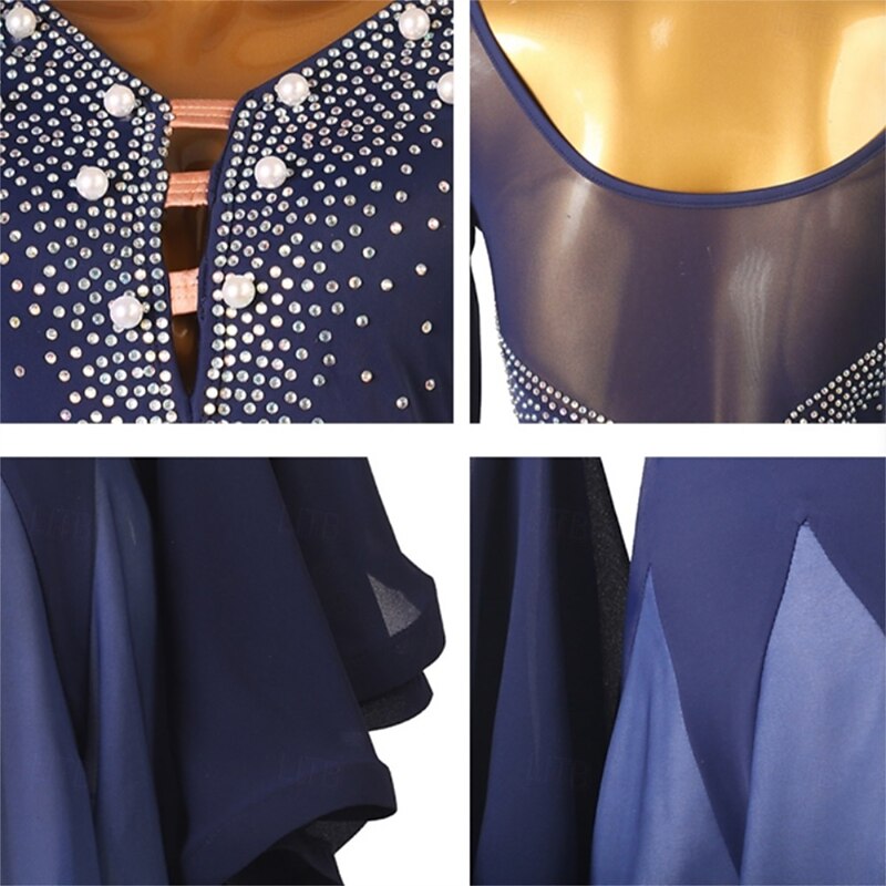 Women's Blue Ombre Ballroom Dance Dress with Rhinestone Detail, Bell Sleeves, and Flared Skirt – Ideal for Latin, Tango, and Performance Wear3