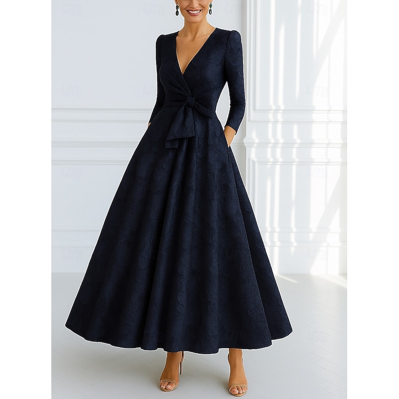 Red Blue A-Line Mother of the Bride Evening Gown Elegant Formal Dress Formal Wedding Floor Length Half Sleeve V Neck Pocket Lace with Bow(s) Strappy4