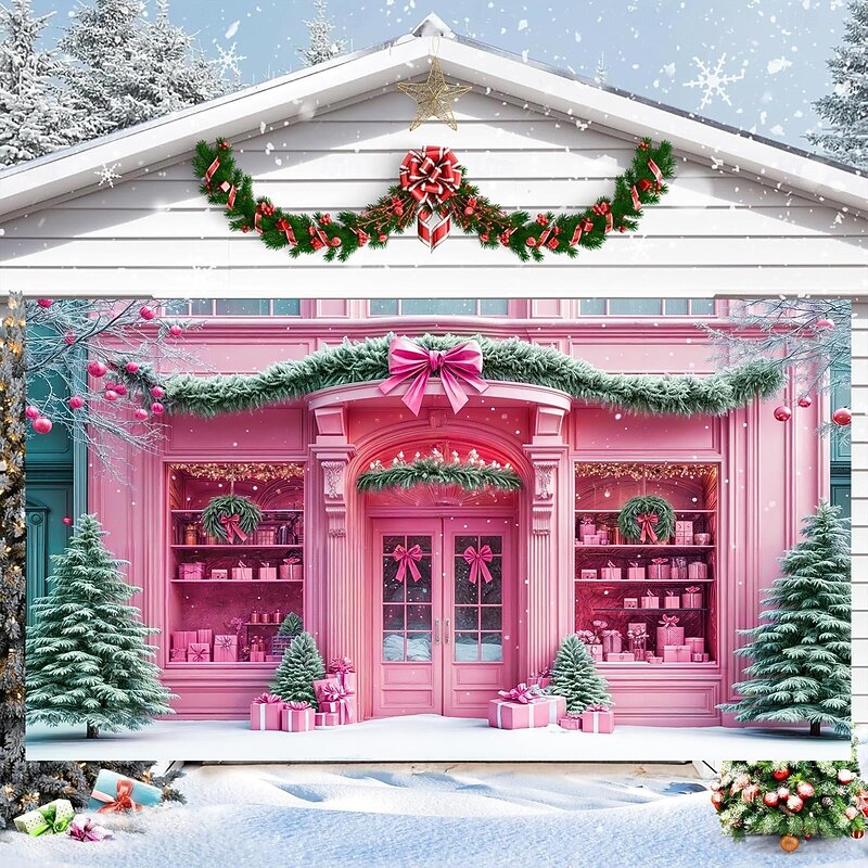 Christmas Outdoor Garage Door Cover Pink Christmas Theme Store Large Tapestry Backdrop Decoration With Christmas Tree Pink Bow Holiday Outdoor Garage Door Home Wall Party Celebration Decor