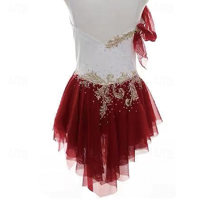 Figure Skating Dress Women's Girls' Ice Skating Dress Burgundy Patchwork Thumbhole Mesh Spandex Stretchy Training Practice Professional Skating Wear Thermal Warm Crystal / Rhinestone Long Sleeve Ice3