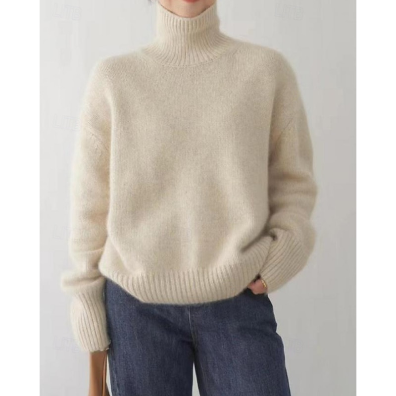Women's Sweater Pullover Streetwear Casual Solid Color Turtleneck Knitted Long Sleeve Regular Tops Knit Daily Holiday Weekend Navy Blue Camel Fall Winter2