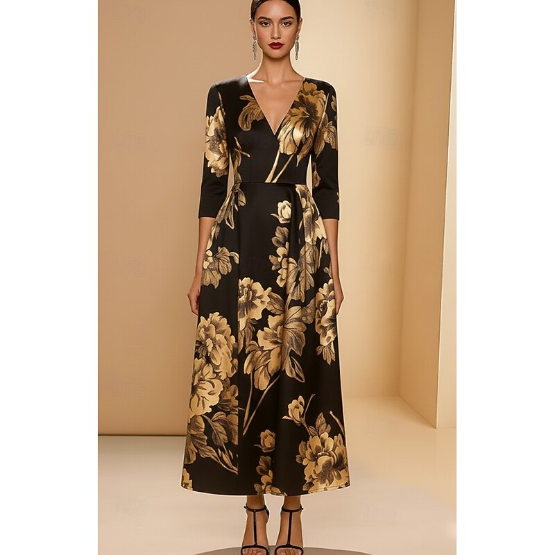 A-Line Cocktail Dresses Elegant Formal Dress Formal Wedding Tea Length 3/4 Length Sleeve V Neck Satin with Floral Print 20254