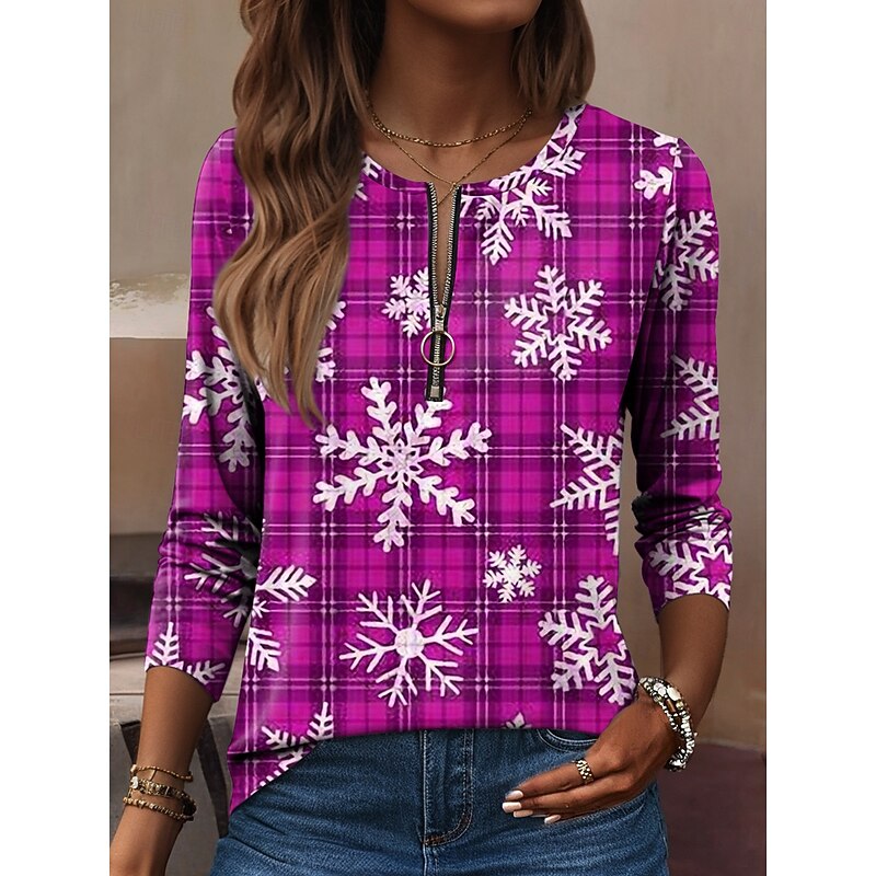 Women's T Shirt Graphic Plaid Snowflake Vintage Fashion Stylish Long Sleeve Crew Neck Regular Tops Daily Zipper Print Red Blue Purple Green Spring Fall Winter3