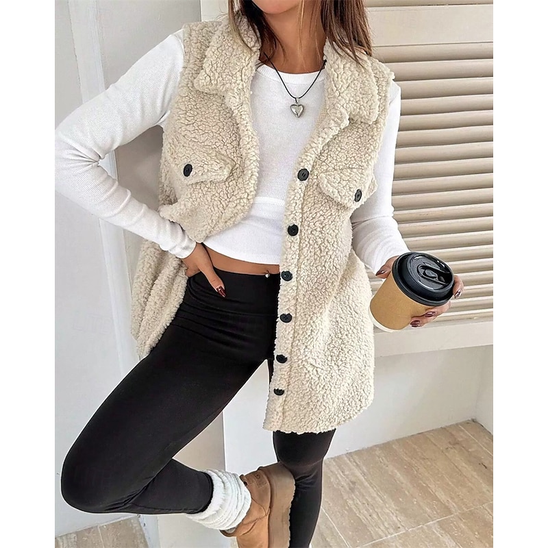 Women's Fleece Jacket Casual Jacket Warm Comfortable Pocket Buttons Fashion Outdoor Plain Going out Weekend Single Breasted Regular Lapel Regular Fit Long Sleeve Outerwear Black Pink Camel Fall Winter4
