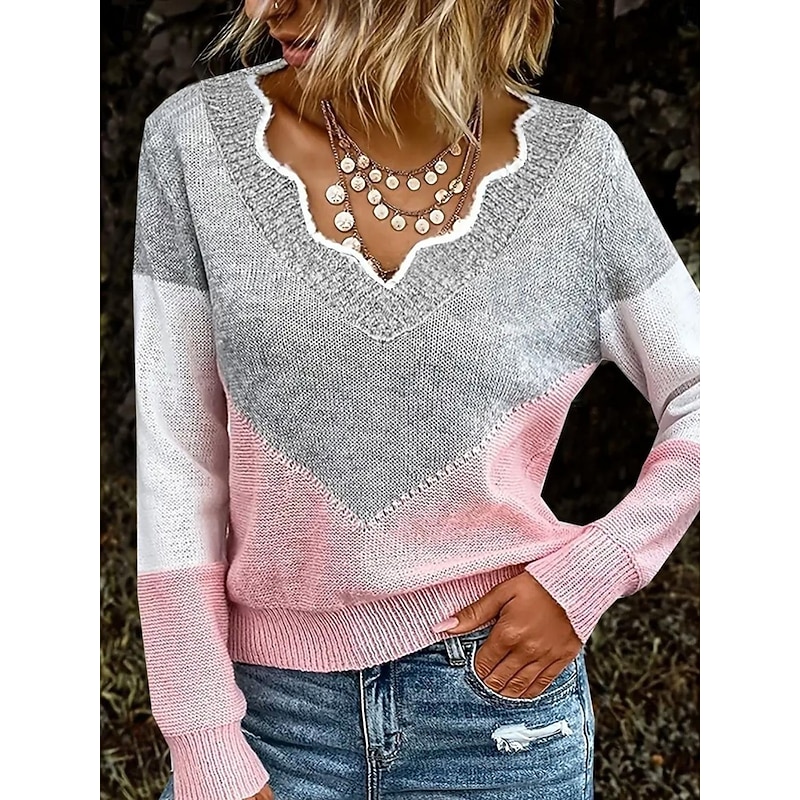 Women's Sweater Casual Soft Color Block Ribbed V Neck Knitted Long Sleeve Regular Tops Knit Outdoor Daily Weekend Pink Spring Fall