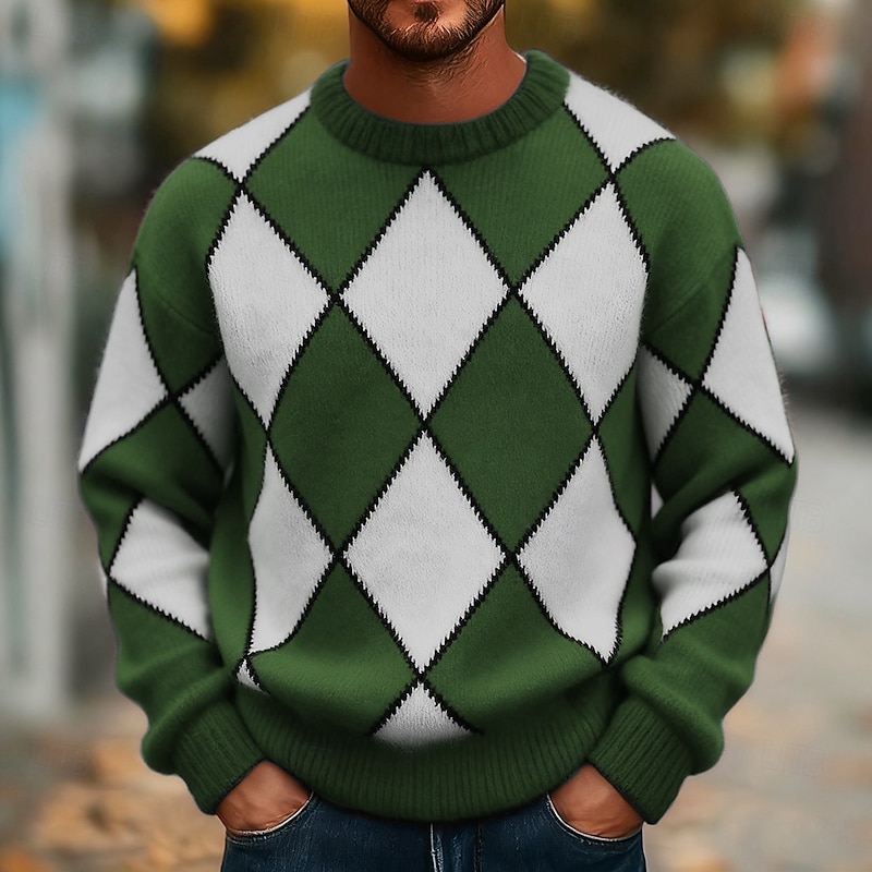 Men's Color Block Pullover Sweater Jumper Knitwear Crewneck Casual Vacation Home Street 3D Print Knitting Keep Warm Long Sleeve Spring Fall Winter Red Blue Purple4