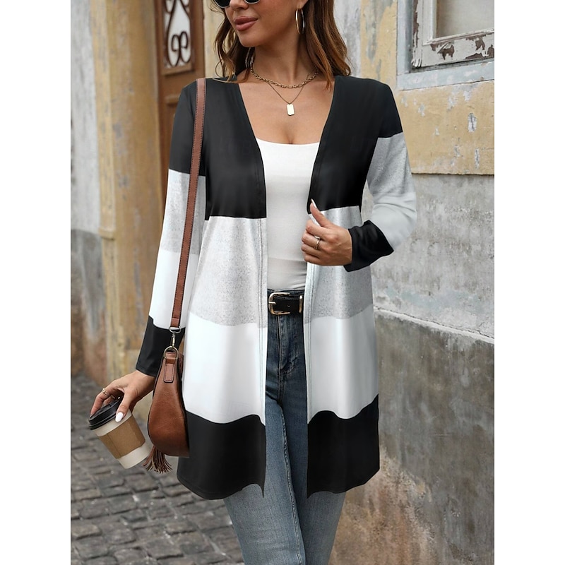 Women's Casual Jacket Comfortable Breathable Print Casual Stripe Vacation Street Daily Wear Going out Open Front Regular Turndown Regular Fit Long Sleeve Outerwear Black Spring Fall