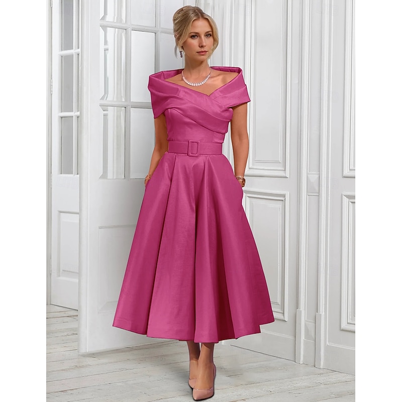 A-Line Cocktail Dresses Elegant Dress Formal Wedding Tea Length Midi Length Sleeveless Adjustable Cover Buttons Off Shoulder Satin with Pleats