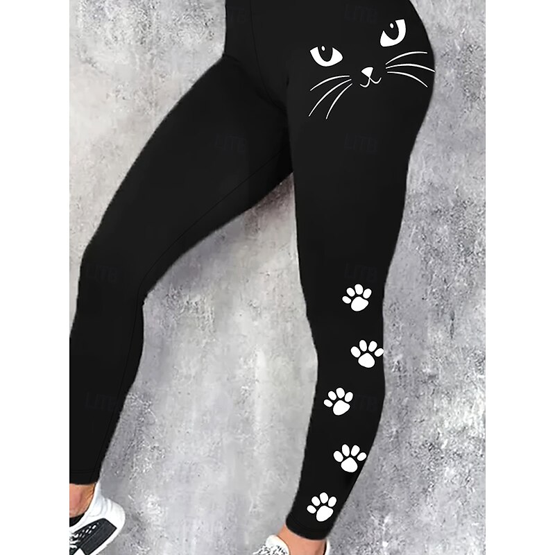 Women's Slacks Leggings Cozy Leggings Vacation Vintage Streetwear Full Length Natural Graphic Animal Cat Elastic Waist Print Comfy Outdoor Comfortable High Elasticity Outdoor Vacation Streetwear Black2