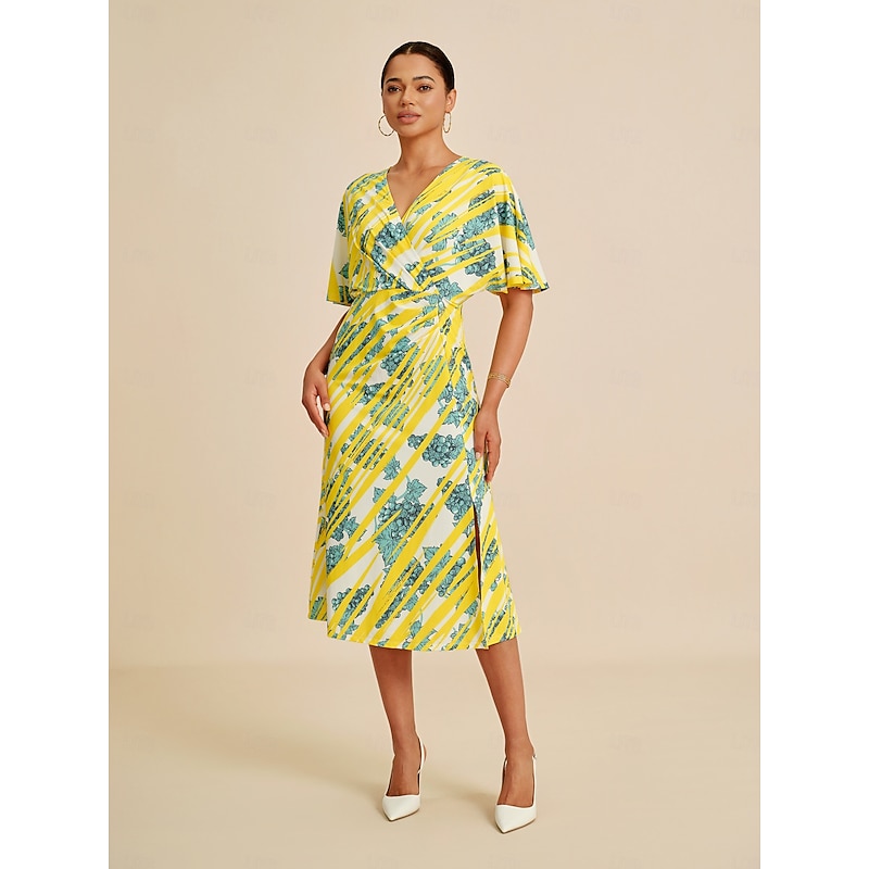 Women's Midi Dress Batwing Sleeve Stretch Bold Print Elegant Versatile Casual Daily Spring Summer Fall - Main Image