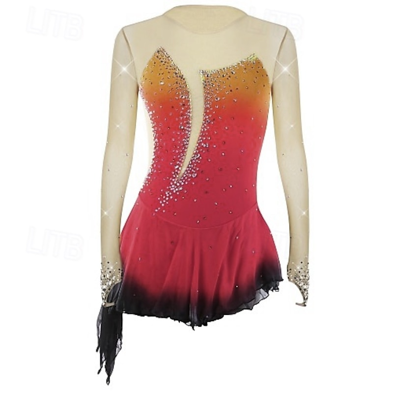 Figure Skating Dress Women's Girls' Ice Skating Dress Outfits Violet Yellow Dusty Rose Asymmetric Hem Mesh Spandex Competition Skating Wear Fashion Long Sleeve Ice Skating Figure Skating2