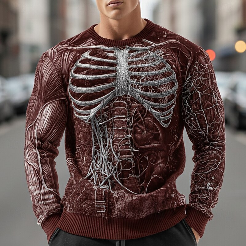 Halloween Men's Skeleton Pullover Sweater Jumper Knitwear Crewneck Casual Dark Vacation Street Daily 3D Print Graphic Keep Warm Long Sleeve Fall Winter Black Red2