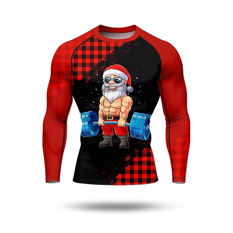 Christmas Men's Compression Shirt Running Shirt Long Sleeve Base Layer Plaid Checkered Quick Dry Compression Power Flex Moisture Wicking Gym Workout Active Training Exercise Sportswear Activewear