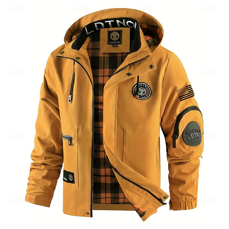 Men's US Flag Windbreaker Hooded Jacket Parka Waterproof Windproof Multi-Pockets Casual Outdoor Camping & Hiking Detachable Hood Full Zip Coat Outerwear Fall Winter Stand Collar Long Sleeve Black