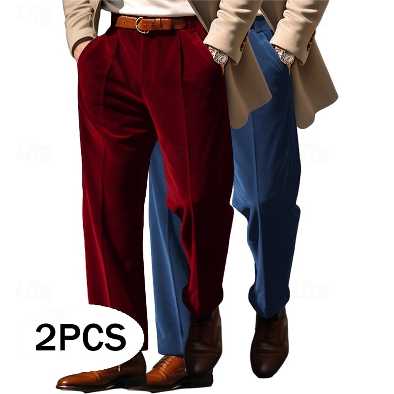 Men's Trousers Dress Pants Baggy Pants Velvet Pants Prom Pants Front Pocket Straight Leg Multi-pack Plain Comfort Full Length Outdoor Business Daily Fashion Chic & Modern Blue+Khaki Brown+Blue