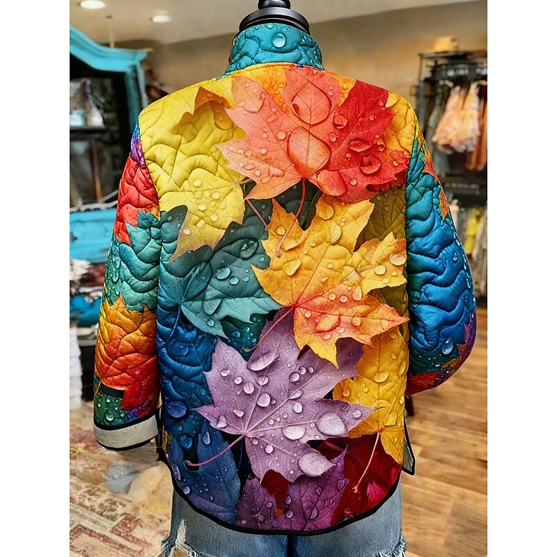 Women's Winter Jacket Quilted Jacket Warm Lightweight Buttons Print Active Vintage Artistic Casual Leaf Casual Regular Stand Collar Regular Fit Long Sleeve Outerwear Orange Fall Winter2