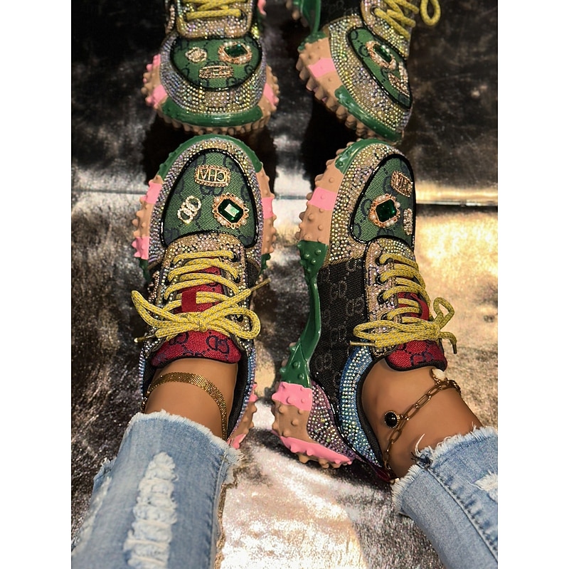 Women's Rhinestone Embellished Chunky Sneakers with Colorful Design and Logo Detail for Fashion, Nightlife, and Party Outfits3