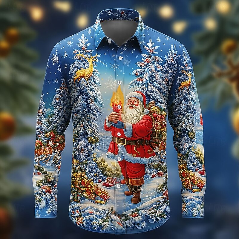 Christmas Men's Santa Claus Christmas Tree Christmas Gift Shirt Button Up Shirt Long Sleeve Funny Outdoor Holiday Spring Fall Turndown 3D Print Collared Shirts Blue 3# Blue 2# Blue 1# Blue3