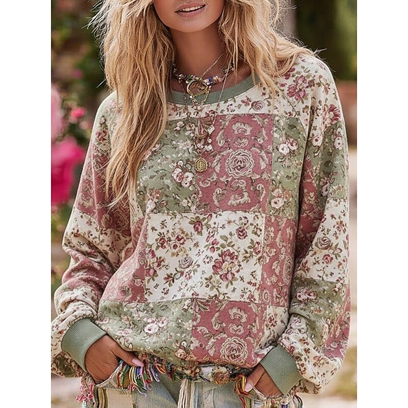 Women's Pullover Hoodies Floral Plaid Fashion Streetwear Casual Long Sleeve Crew Neck Hooded Regular Tops Dailywear Casual Drawstring Print Pink Spring Fall