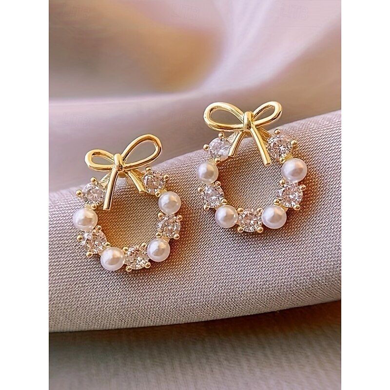 Women's Pearl Bow Earrings – Elegant Wreath Studs with Crystal Accents, Fashion Jewelry for Ladies & Christmas Gift