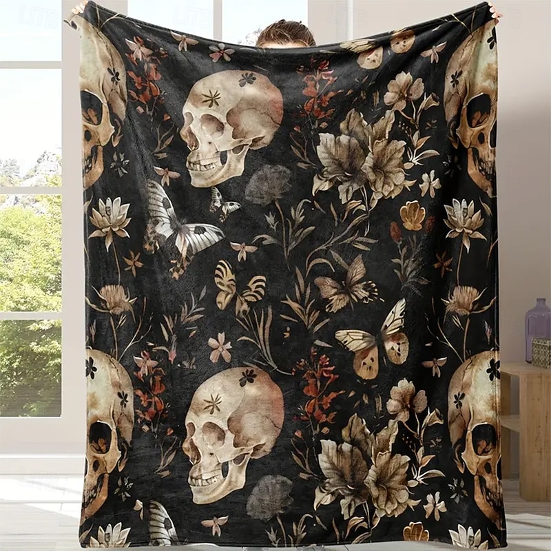 Halloween Fleece Throw Blanket for Couch Skeleton Flower Rustic Cottagecore Dark Punk Gothic Style Party Sofa Bed Decorative Warm Blanket Home Decor