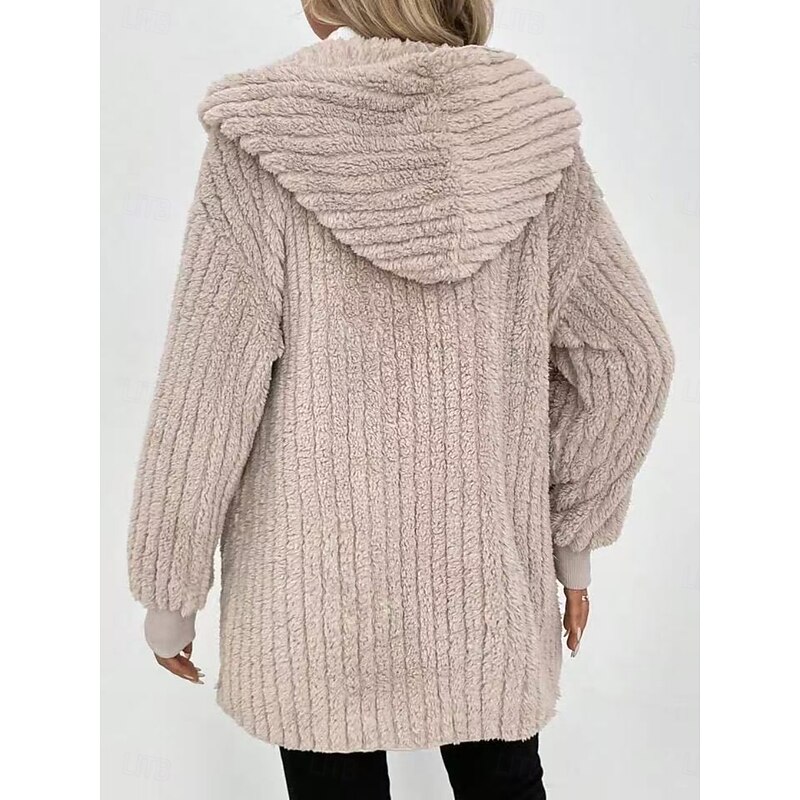 Women's Sherpa Jacket Comfortable Breathable Pocket Open Front Casual Plain Vacation Street Casual Daily Wear Open Front Regular Hooded Regular Fit Long Sleeve Outerwear Khaki Spring Fall4