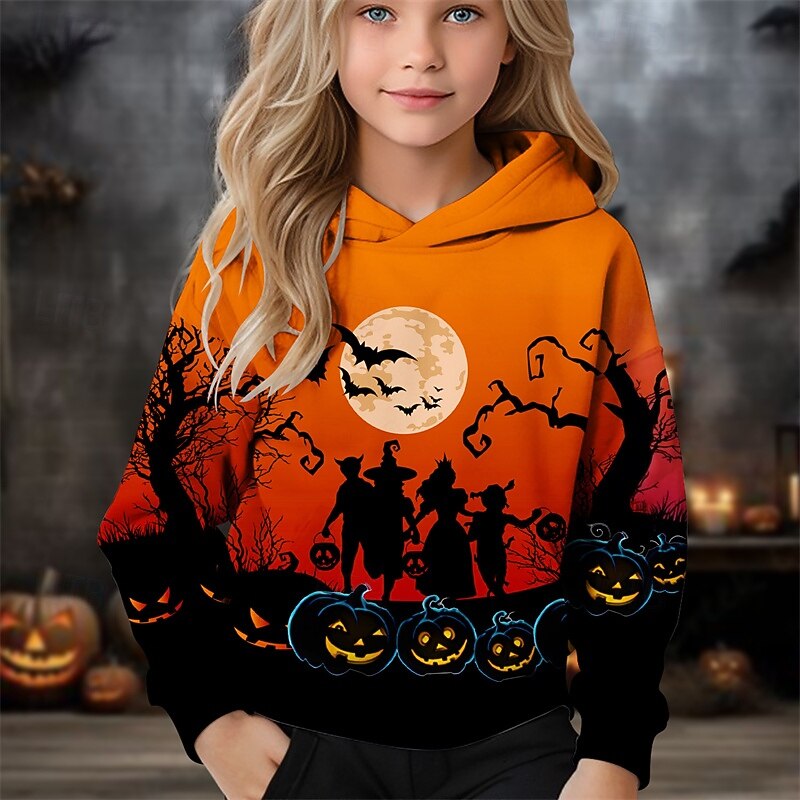 Halloween Girls' 3D Floral Skull Hoodie Long Sleeve Fall Winter Fashion Adorable Basic Kids 4-12 Years Hooded Outdoor Casual Daily Regular Fit2