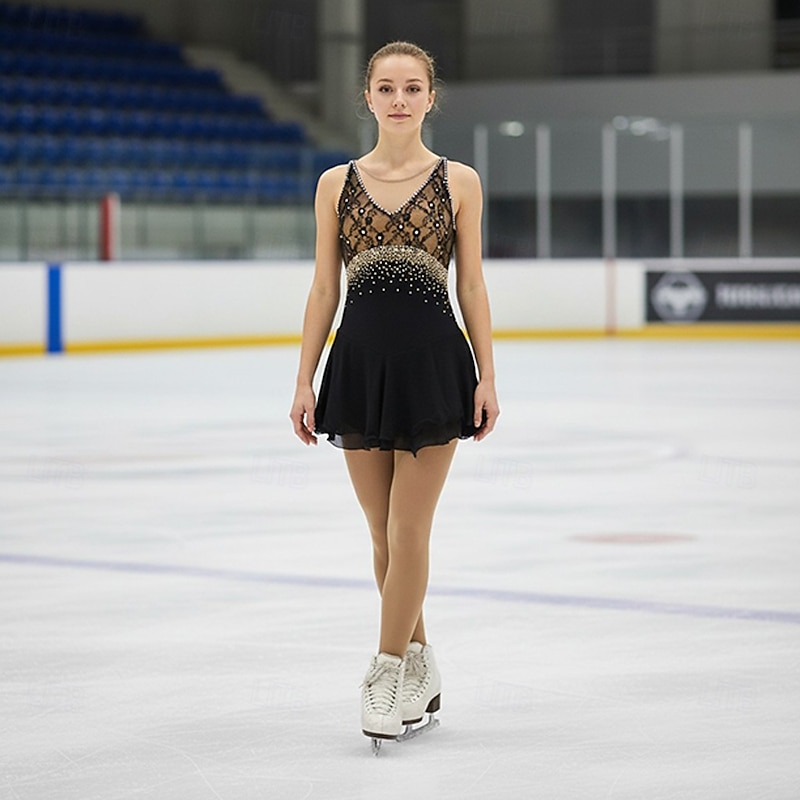 Figure Skating Dress Women's Girls' Ice Skating Dress Dark purple White Yellow Open Back Mesh Spandex Lace High Elasticity Competition Skating Wear Jeweled Rhinestone Sleeveless Ice Skating Figure