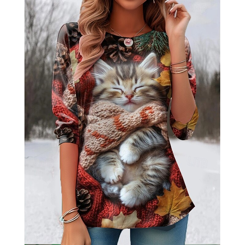 Easter Women's T Shirt Graphic Animal Cat Vintage Stylish Classic Long Sleeve Crew Neck Round Neck Regular Tops Daily Print Yellow Red Dusty Blue Summer Spring Fall Winter2