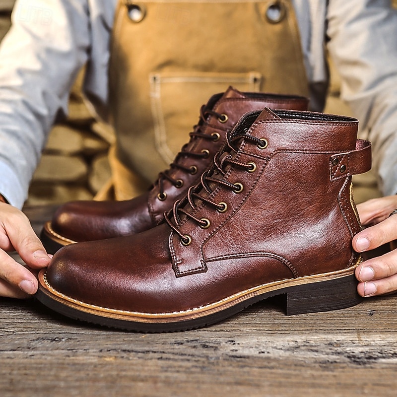 Men's Vintage Brown Lace-Up Combat Boots with Sturdy Sole, Retro Casual Workwear Style for Outdoor Adventures and Daily Fashion2