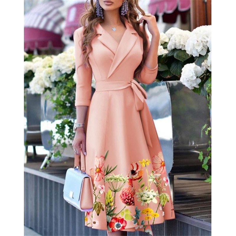Women's Midi Dress A Line Dress Casual Daily Holiday Regular Fit Floral 3/4 Length Sleeve V Neck Pink Blue Summer Spring Fall3