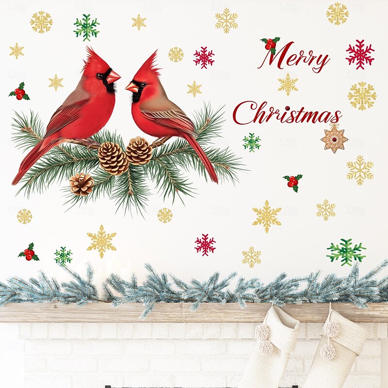 Christmas Sticker Wall Decals Colorful Parrot Pinecone Snowflake Removable Vinyl Mural Holiday Party Bedroom Entryway Home Background Decoration For Christmas Festival Atmosphere