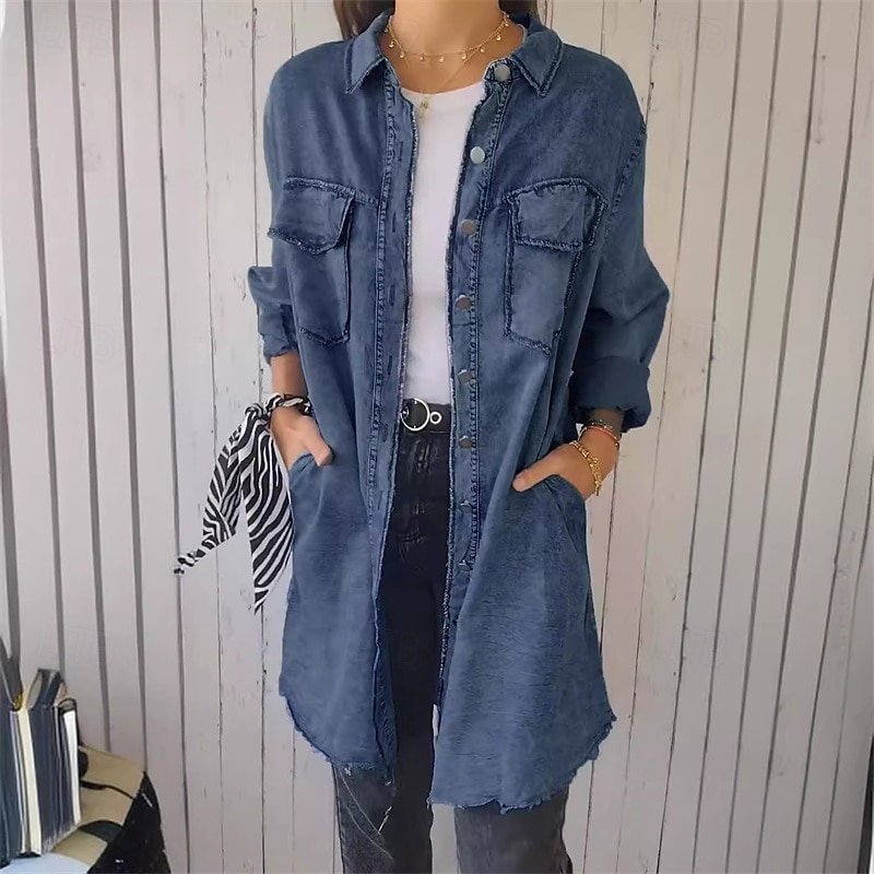 Women's Shirt Jacket Casual Jacket Denim Jacket Comfortable Breathable Pocket Fashion Casual Plain Vacation Street Casual Daily Wear Single Breasted Long Turndown Regular Fit Long Sleeve Outerwear