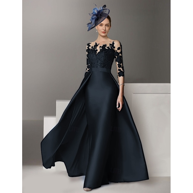 A-Line Mother of the Bride Evening Gown Elegant Dress Wedding Guest Sweep / Brush Train Long Sleeve Scoop Neck Stretch Satin with Appliques