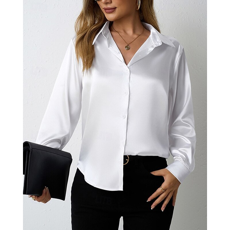 Women's Shirt Elegant Dressy Satin Solid Color Stylish Basic Casual Long Sleeve Shirt Collar Regular Tops Daily Going out Buttons White Yellow Purple Brown Spring Fall4