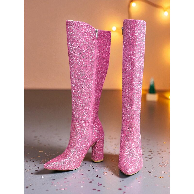 Women's Pink Glitter Over the Knee Boots with Block Heels - Sparkly Tall Party Boots for Women Perfect for Nightlife Outfits4