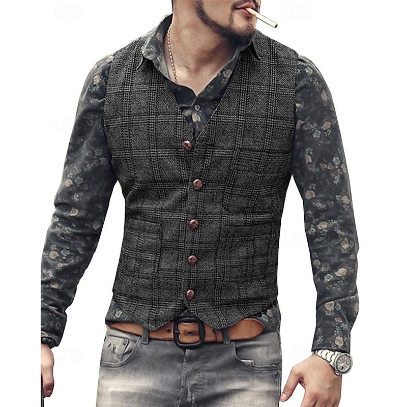 Men's Vest Waistcoat Gilet Vacation Party Business Fashion Casual Spring Fall Pocket Buttons Polyester Comfortable Plaid Single Breasted One-button V Neck Regular Fit Black Champagne Navy Blue Green